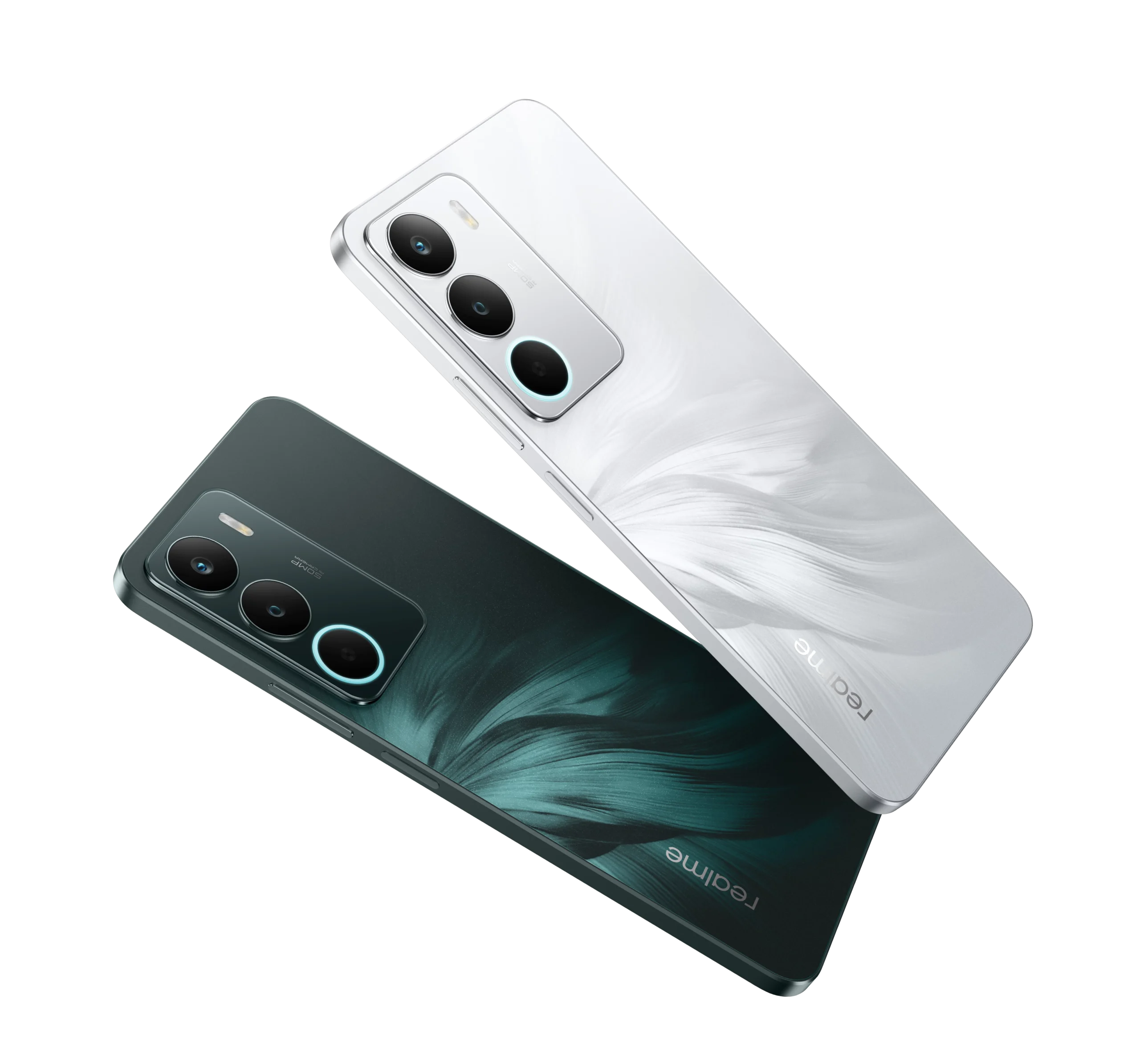 realme C71 w kolorach Forest Owl i White Swan – widok z przodu i tyłu
