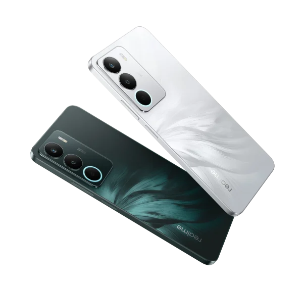 realme C71 w kolorach Forest Owl i White Swan – widok z przodu i tyłu