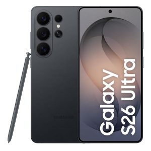 Samsung Galaxy S26 Ultra w kolorze czarnym – widok frontu i tylnego panelu