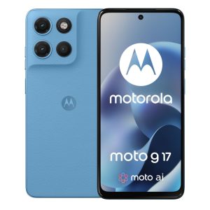 Motorola moto g17 w kolorze Alaskan Blue – widok telefonu z przodu