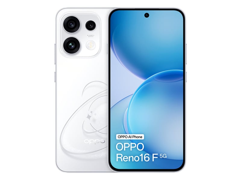 OPPO Reno16 F 5G White — widok z przodu i tyłu