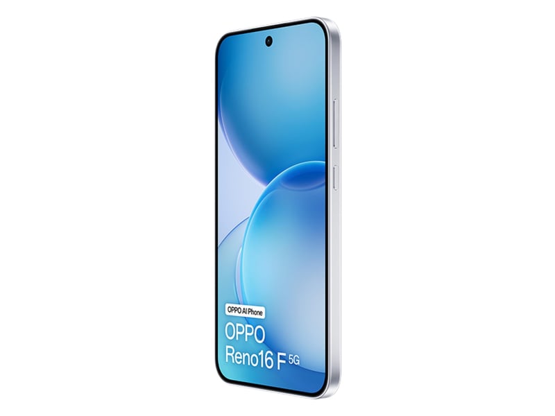 OPPO Reno16 F 5G White — widok pod kątem