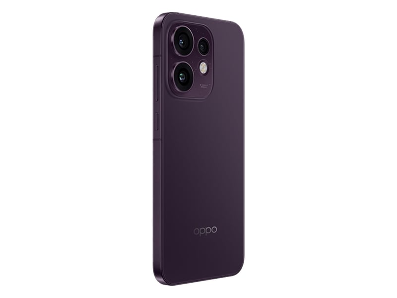 Tył fioletowego OPPO Reno16 z potrójnym aparatem